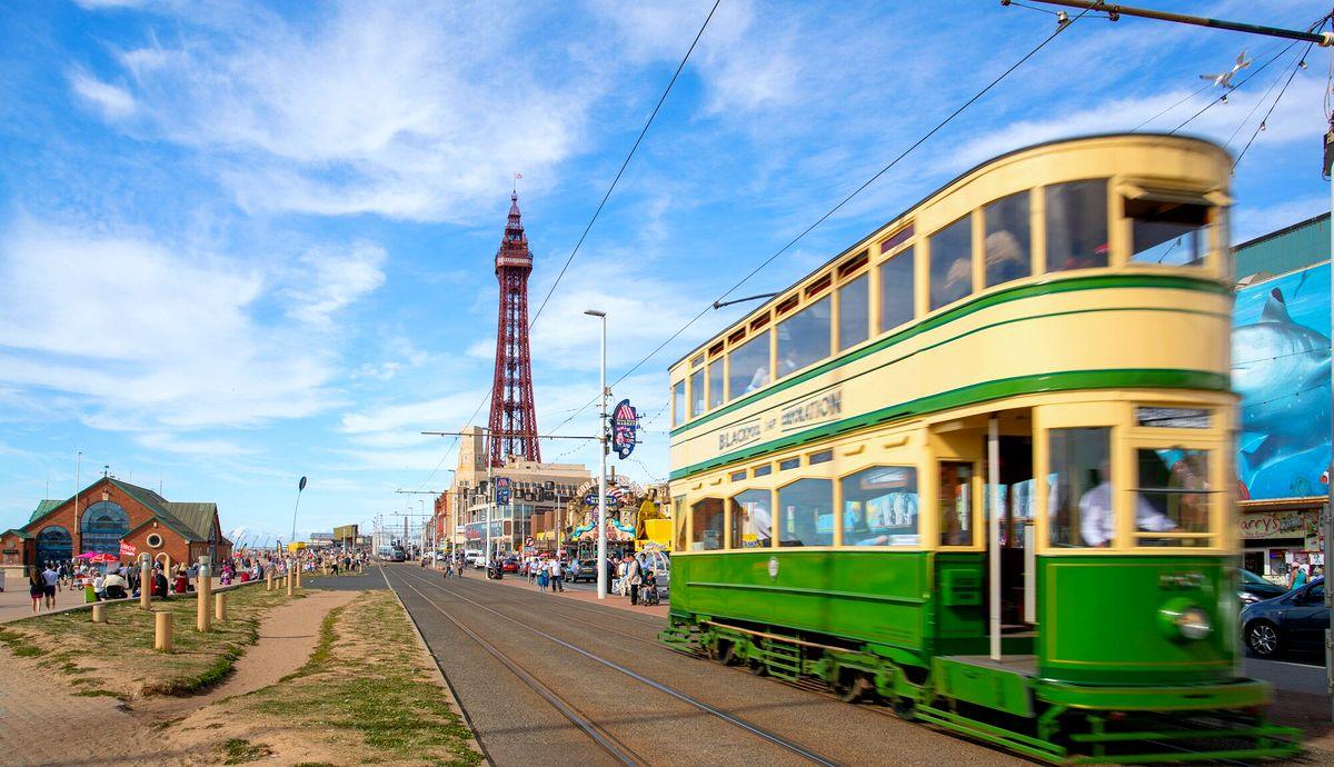 A heritage tram on the Blackpool promenade